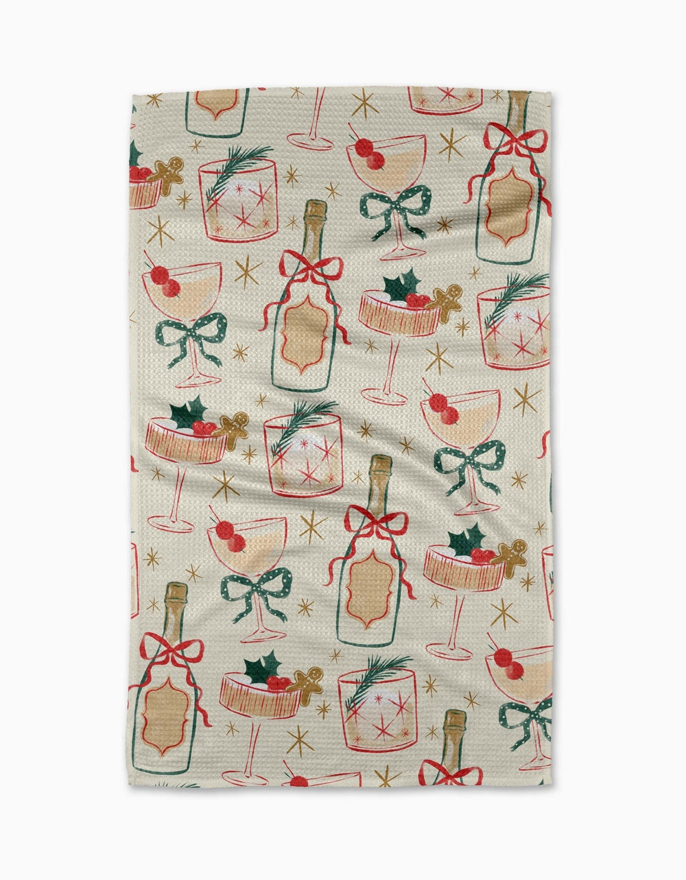 Holiday tea towel with waffle weave construction in red featuring a festive snowman silhouette.