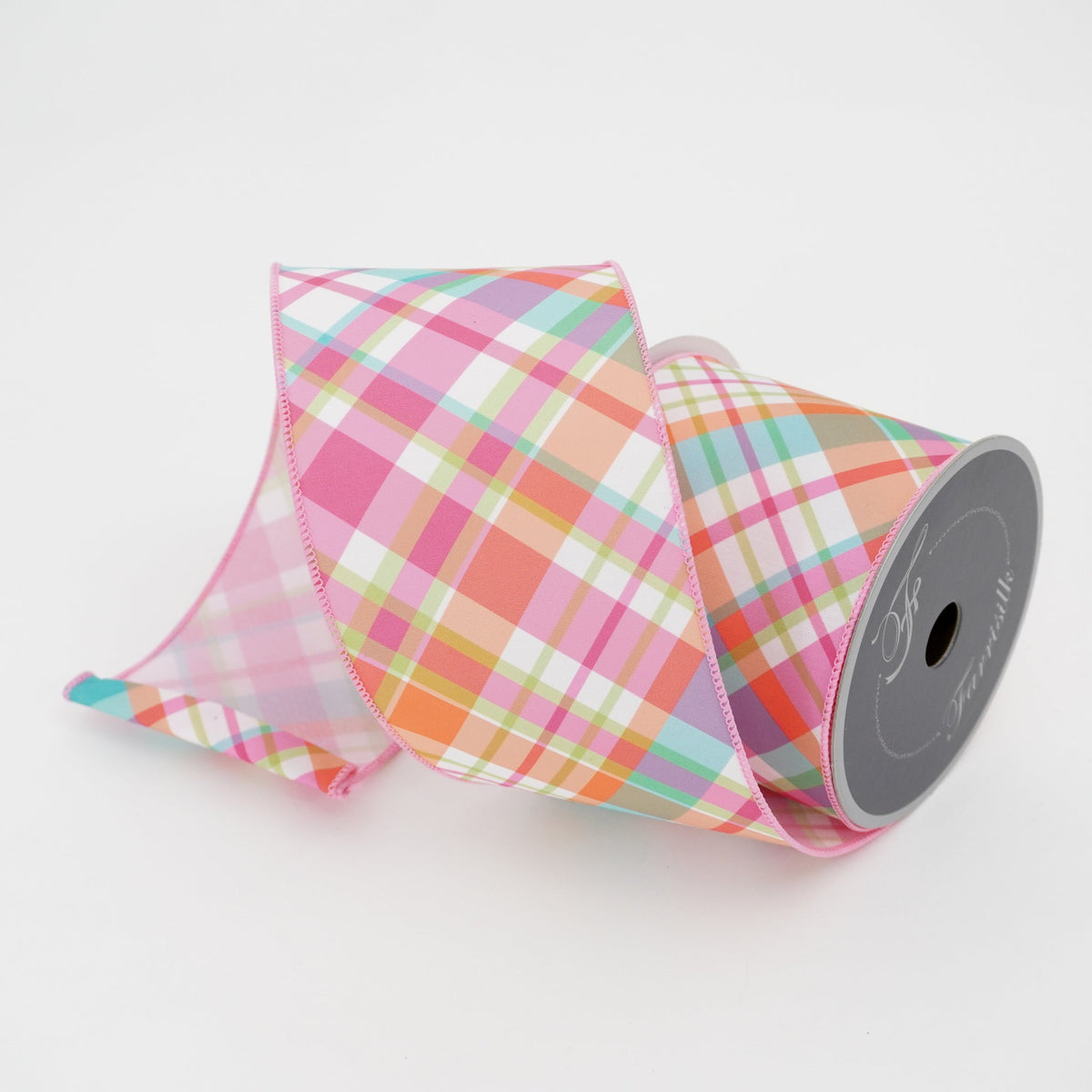 Multi-color plaid ribbon with a gathered bow shape