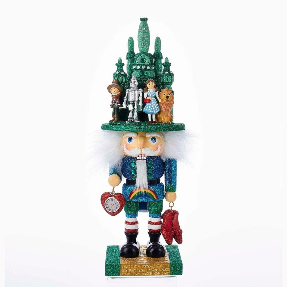 15.75-inch Wizard of Oz nutcracker with Emerald City hat, Dorothy, and friends on a glittery base.