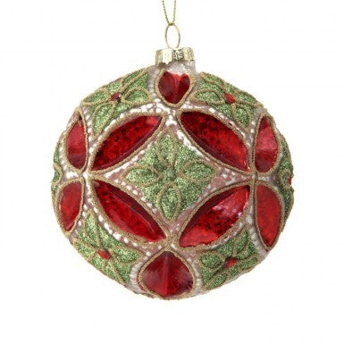 4-inch mercury glass Christmas ornament with red geometric panels and green beaded floret designs.