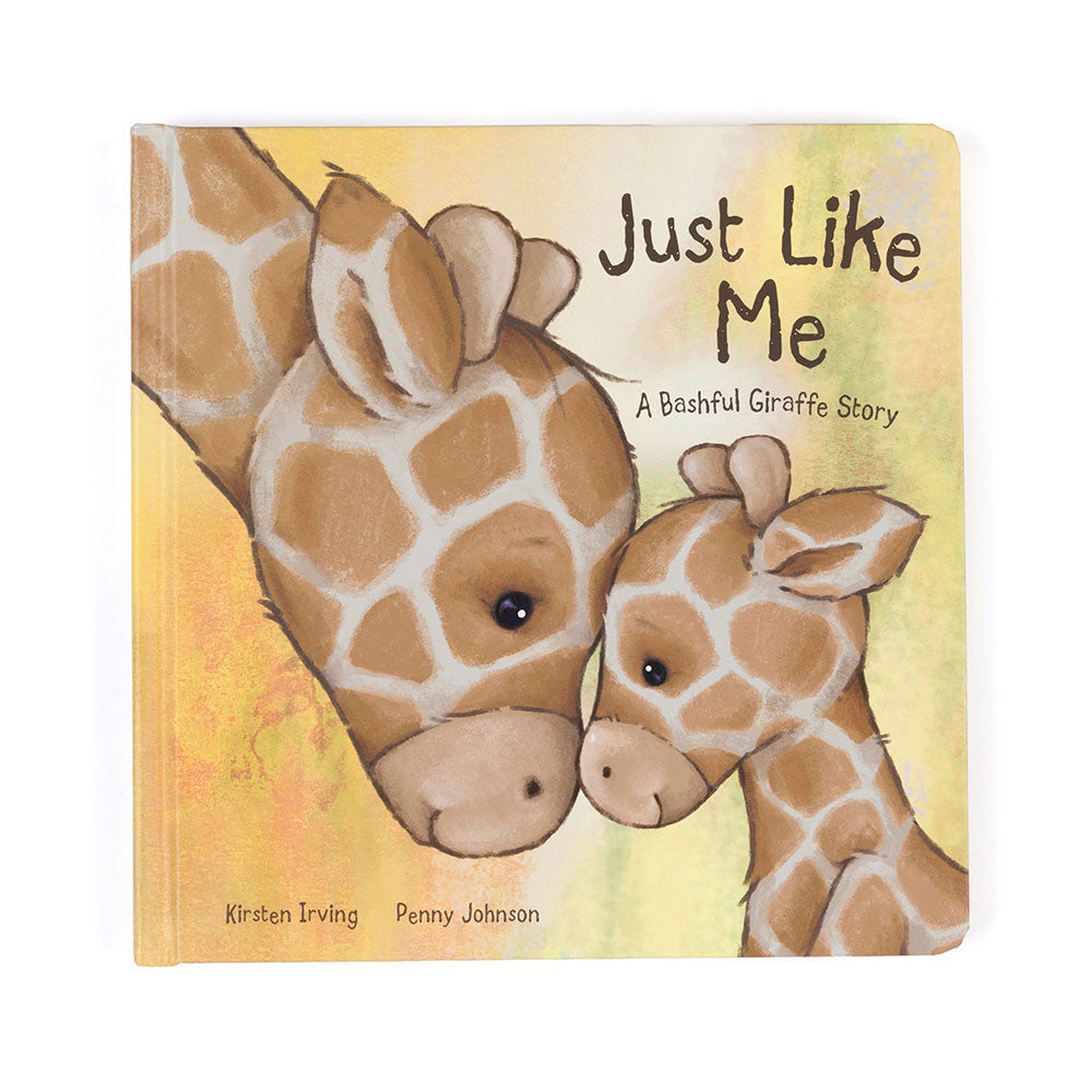 Just Like Me: A Bashful Giraffe Story board book featuring an adult and baby giraffe illustration.