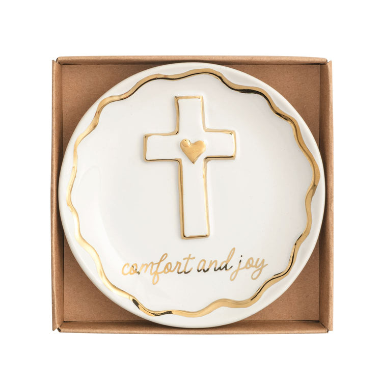 White stoneware trinket dish with a gold-rimmed cross, heart, and "comfort and joy" script.