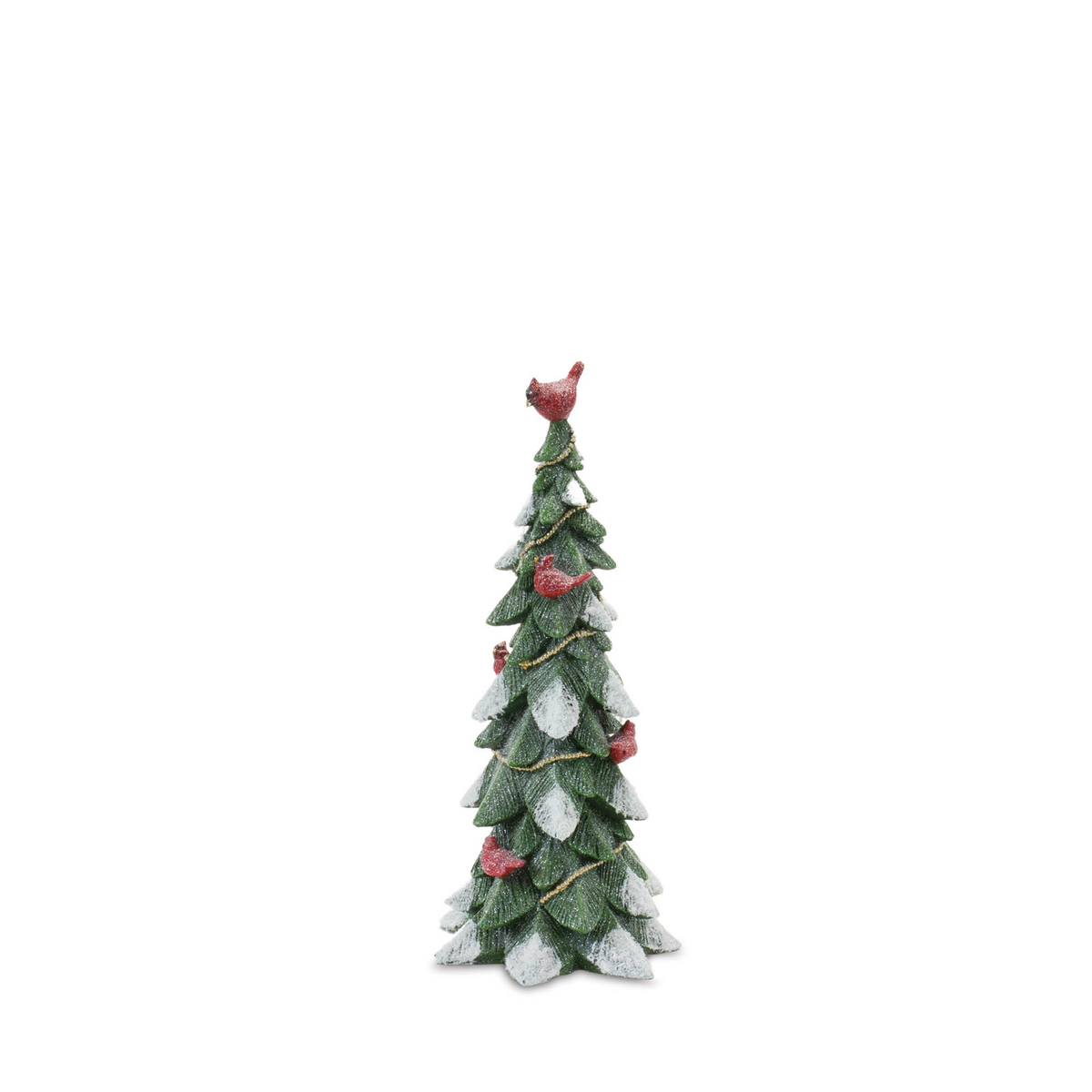 Flocked green resin pine tree figurine with red cardinal bird accents and gold garland.
