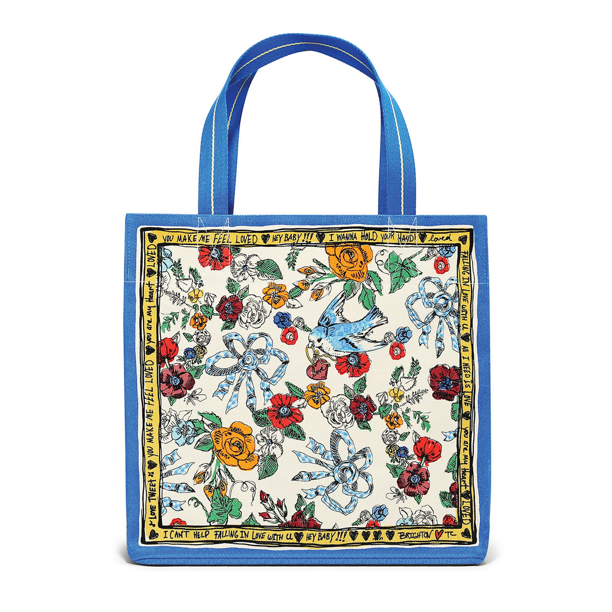 Tied With Love canvas tote bag in blue with a floral and bird print and handwritten text border.