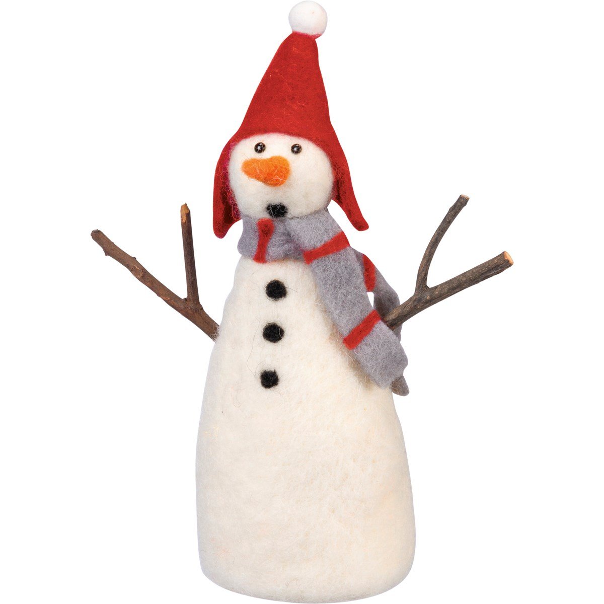 Felt snowman ornament with surprised expression on wood base