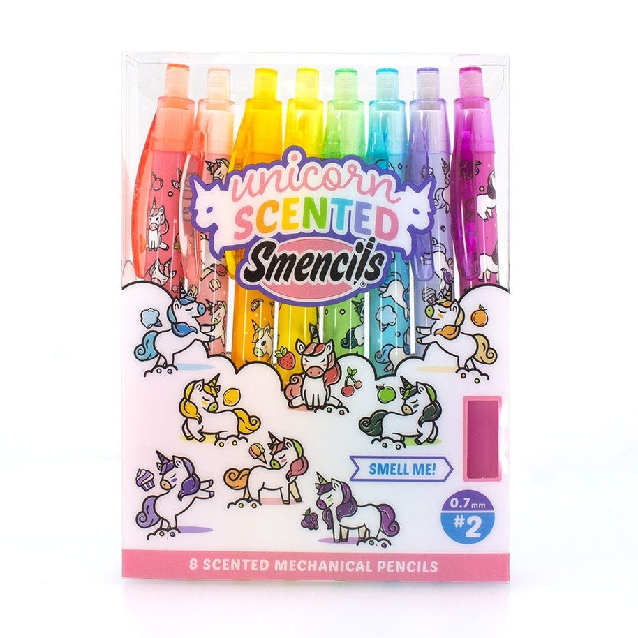 Set of eight mechanical pencils with unicorn grip patterns in pastel colors.