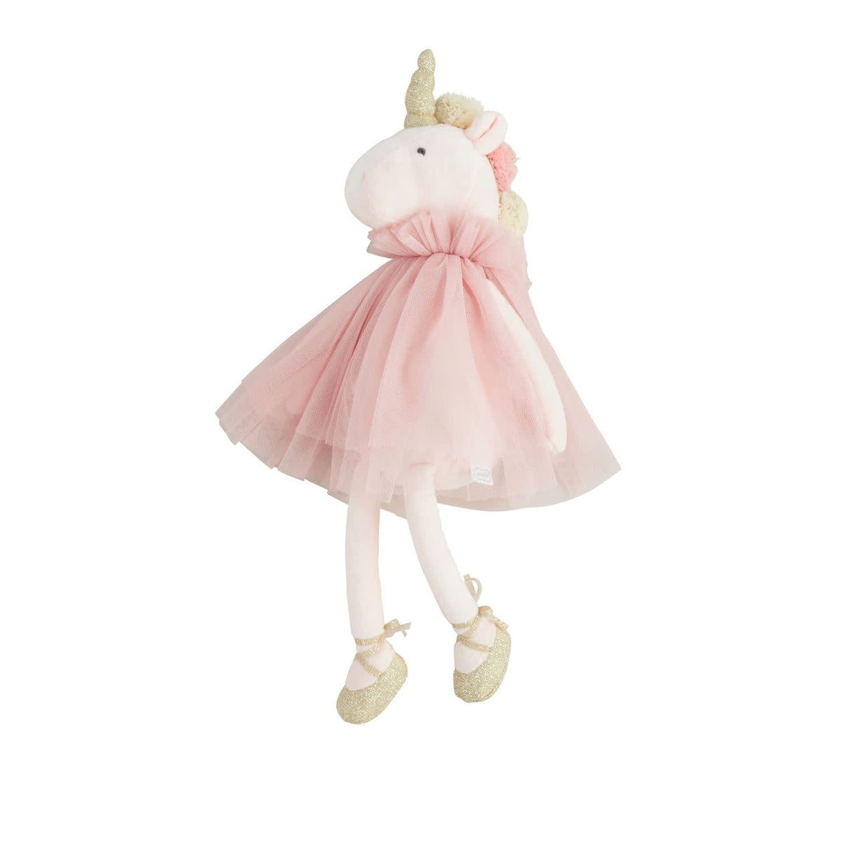 Five-inch flat minky unicorn plush with mesh tutu skirt and shimmer lurex accents.