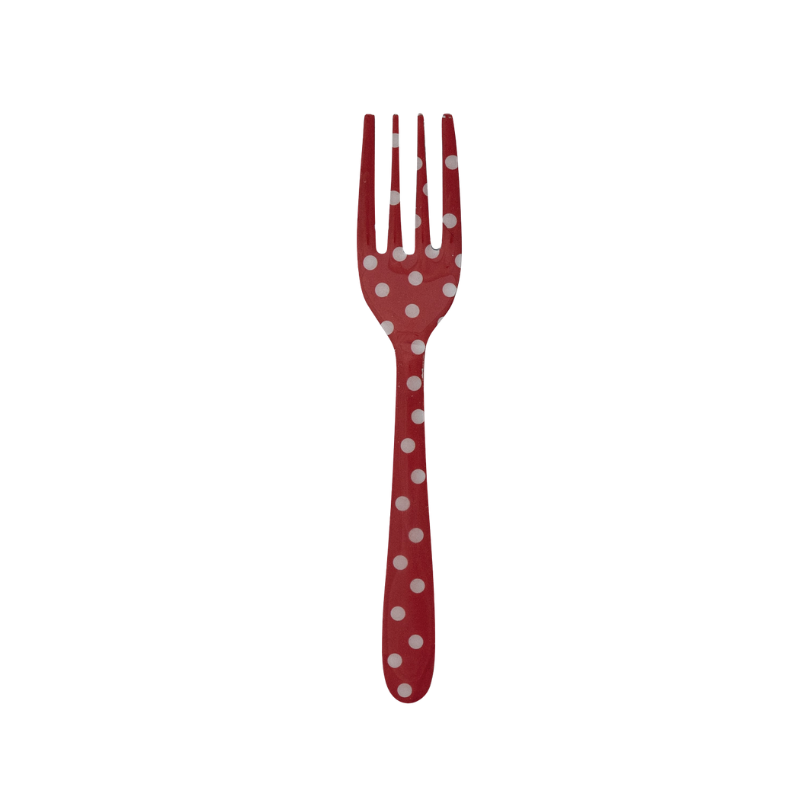 Red enameled stainless steel fork with white polka dot pattern.