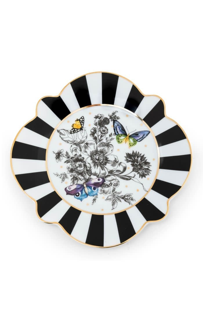 Ceramic butterfly toile salad plate with an eight-inch diameter featuring a delicate winged insect pattern.