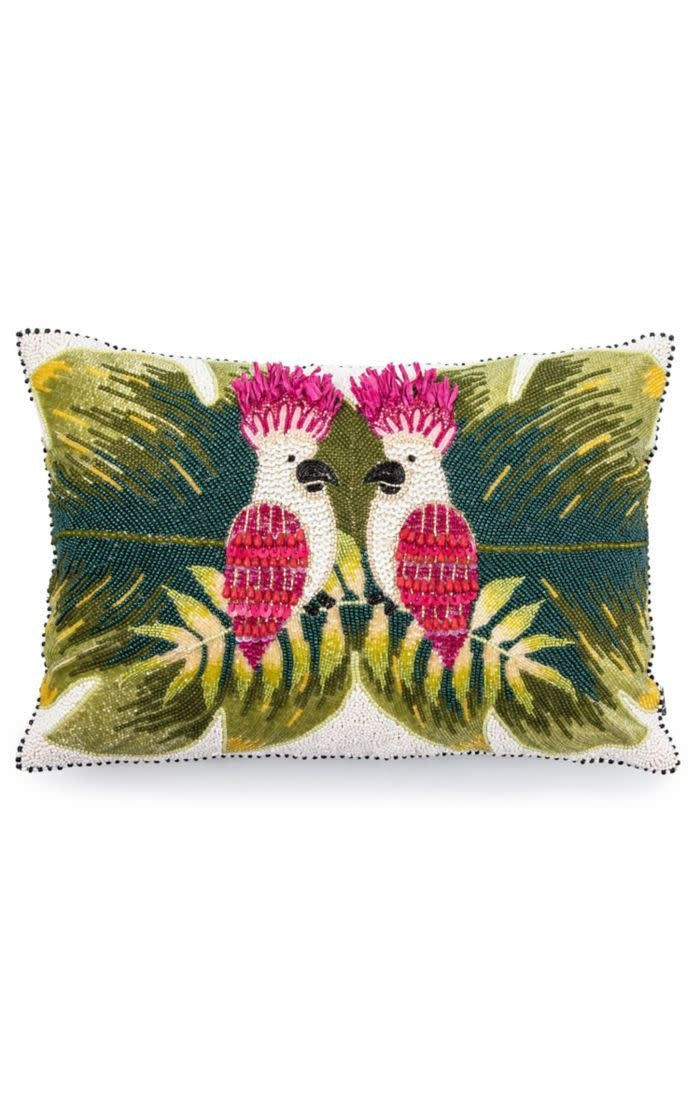 Black cotton velvet lumbar pillow with black beaded edges featuring a sequined cockatiel bird pattern.