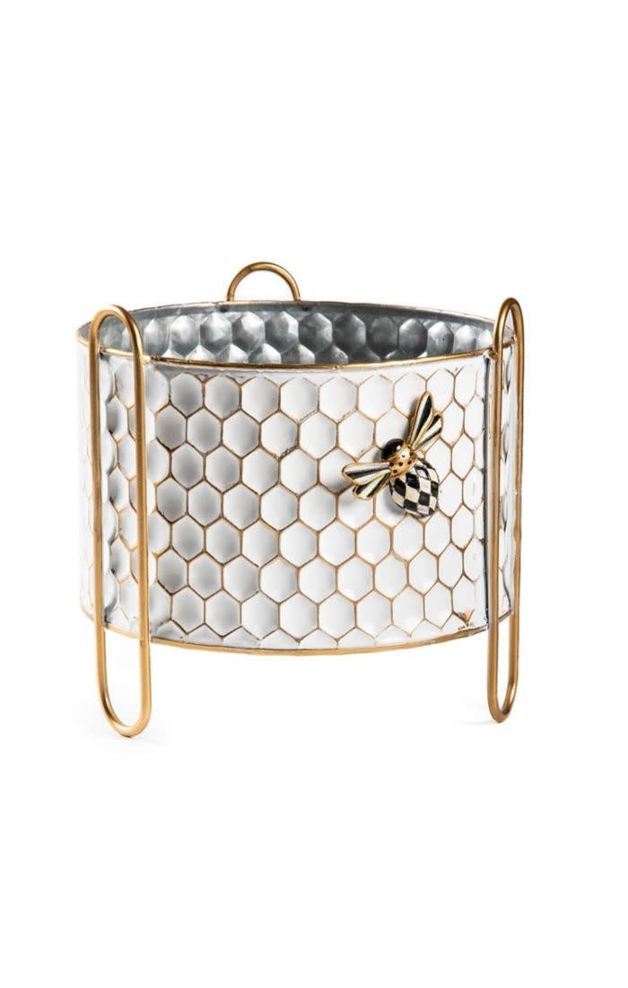 Small metal honeycomb planter with a magnetic resin bee on top.