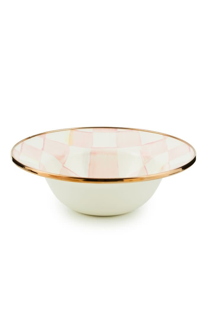 Rosy Check enamel breakfast bowl with hand-painted checks on steel body and bronzed stainless rim