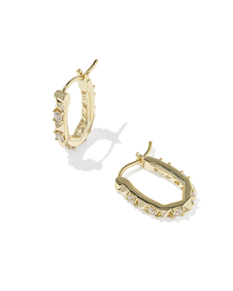 Gold Fate Huggie Earrings featuring a geometric design with small clear crystals.