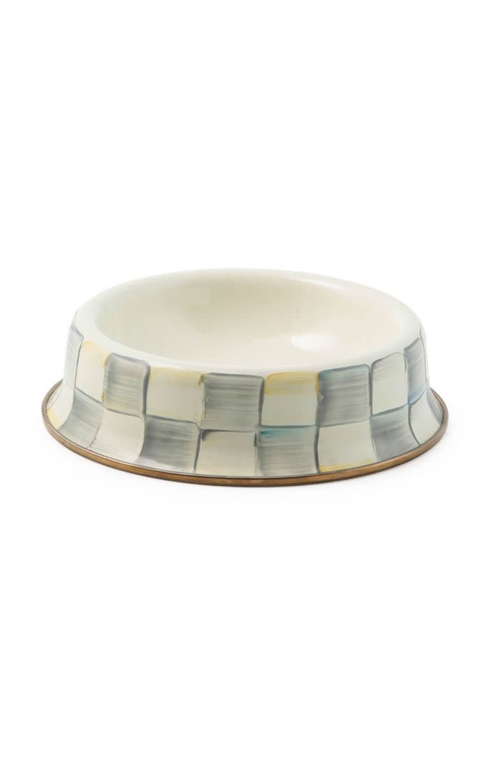 Hand-glazed steel cat dish with Sterling Checks enamel pattern and bronzed stainless steel rim
