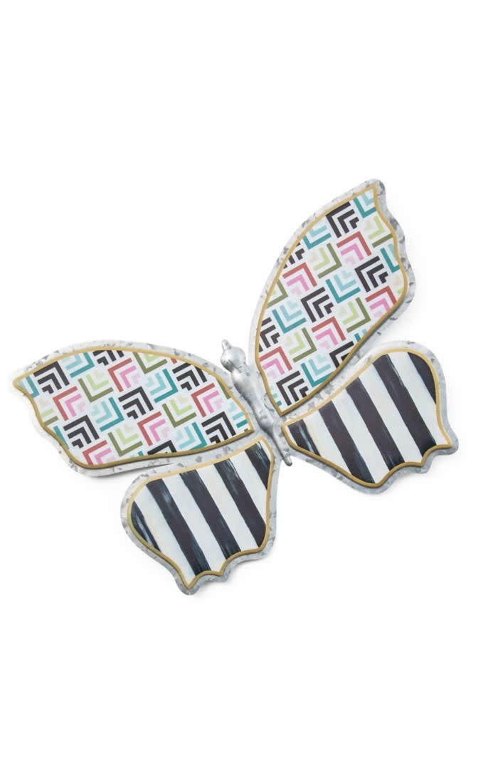 Galvanized metal butterfly wall decor with colorful painted wings measuring 16 inches wide.