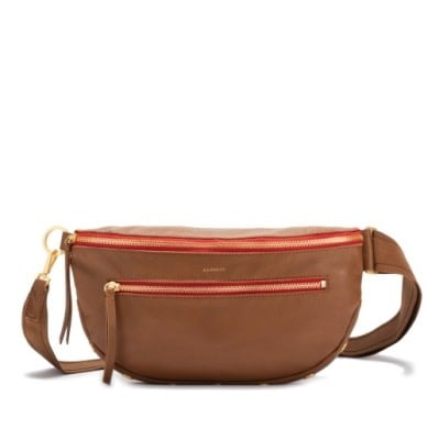 Large mahogany pebbled leather crossbody bag with brushed gold hardware, red lining, and adjustable strap.
