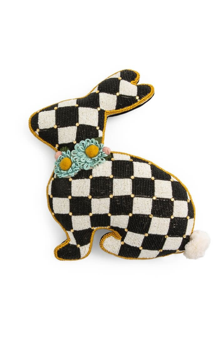 Handmade beaded bunny pillow with glass beads on cotton fabric.