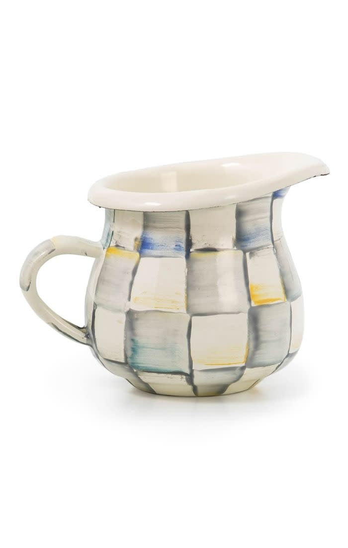 Hand-glazed steel creamer with Sterling Checks enamel pattern
