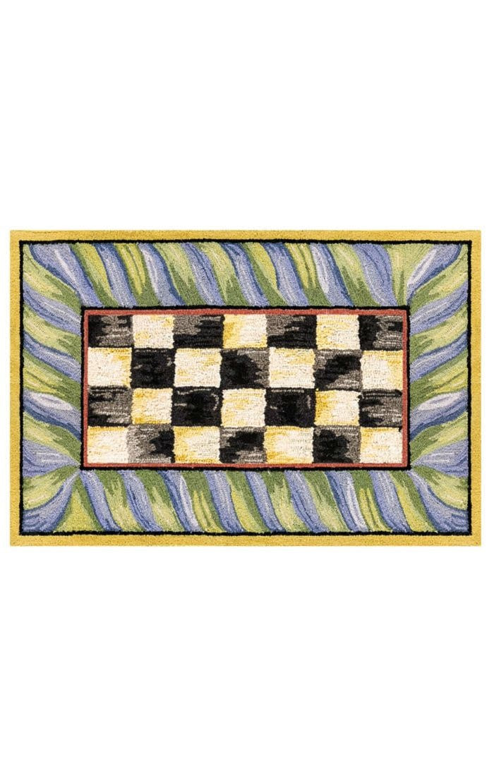 Purple and green checkered washable rug made from polyester with a low pile height.