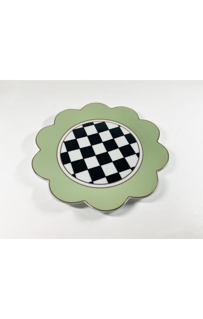 Butterfly-shaped porcelain dinner plate with pistachio petals and gold lustre trim