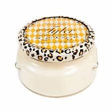 11oz Tyler Candle in a glass jar with a yellow diamond pattern and leopard print lid.