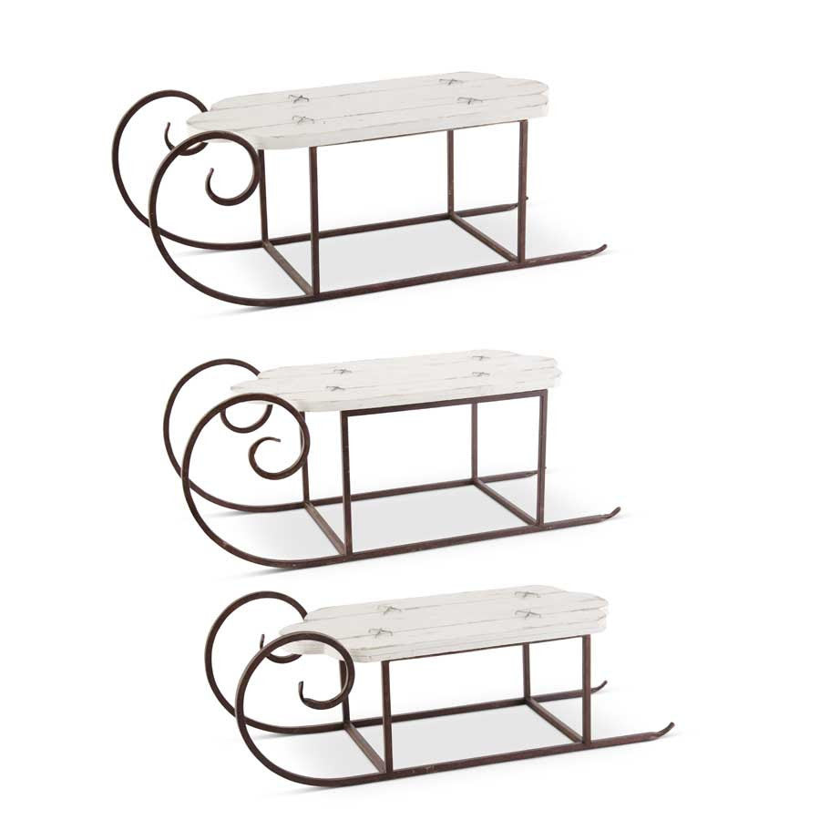 Wood Whitewash Sled w/Rust Colored