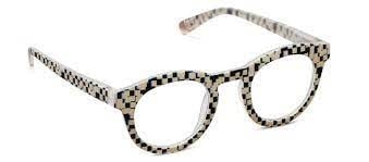 Round Frame of Mind sunglasses with pixel check blue lenses in recycled polycarbonate.