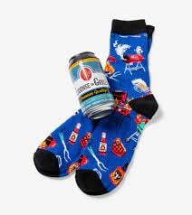 Men's crew socks in blue cotton blend with a beer can print pattern.