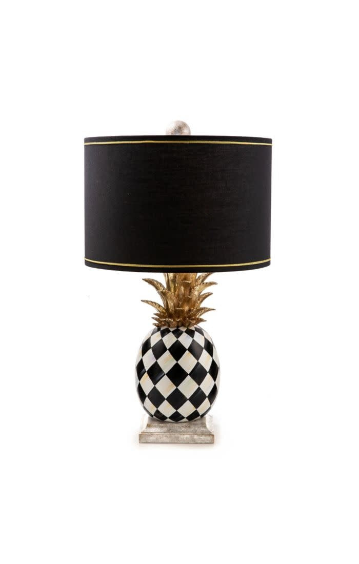 Hand-painted resin pineapple table lamp with antiqued silver accents on a tall base and matching shade.