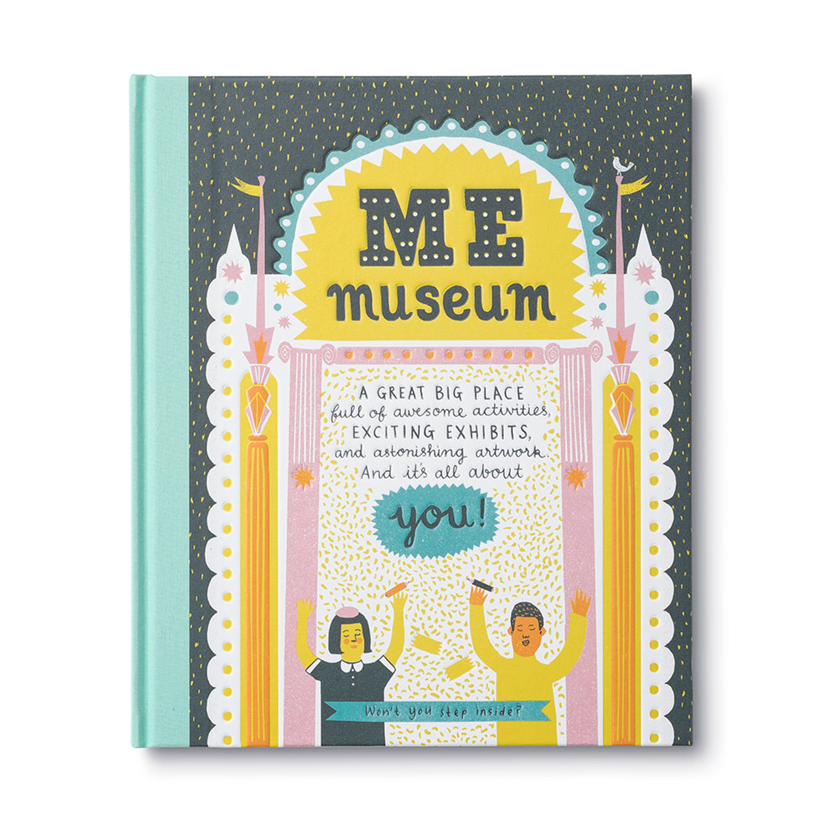 Me Museum hardcover book with colorful illustrations of a museum entrance and two people.
