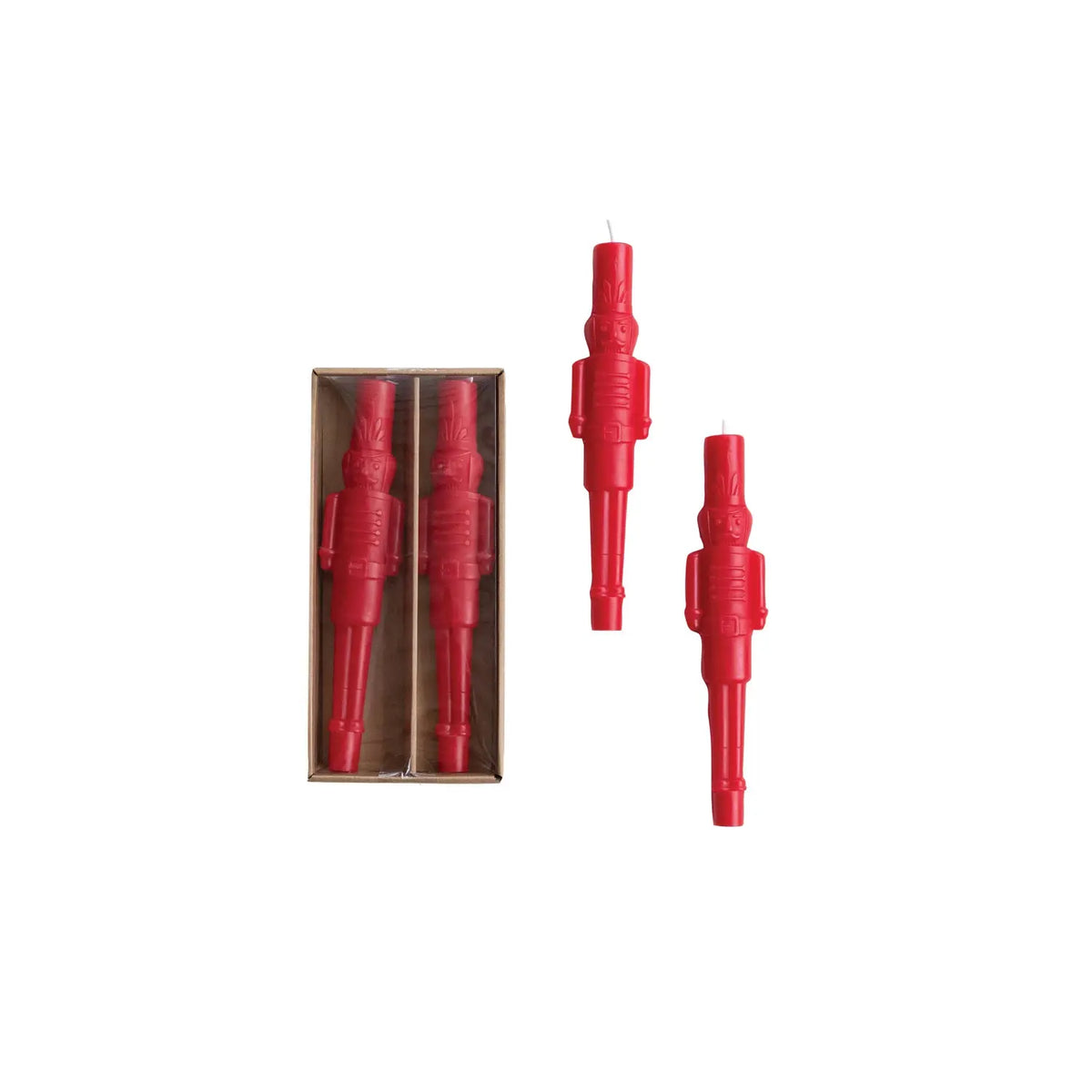 Red unscented taper candle shaped like a classic nutcracker soldier silhouette.