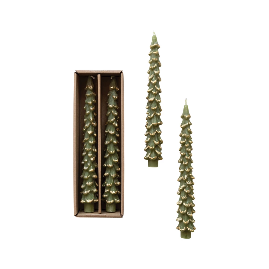Unscented Tree Shaped Taper Candles w/ Gold Tips in Box - Evergreen
