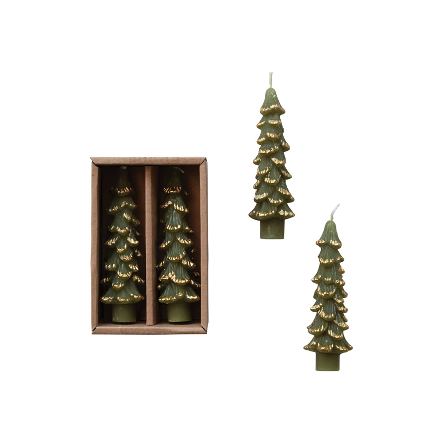 Unscented Tree Shaped Taper Candles With Gold Tips in Box - Evergreen