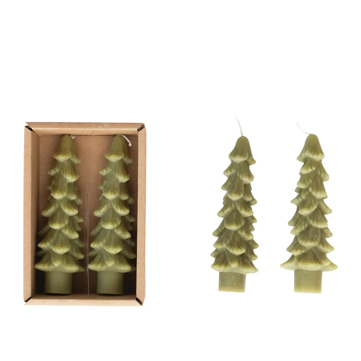 Set of unscented tree-shaped taper candles in festive hues with sculptural silhouettes.