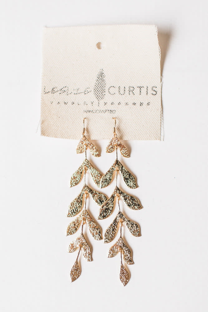 Gold-plated long leaf dangle earrings with a hammered texture finish