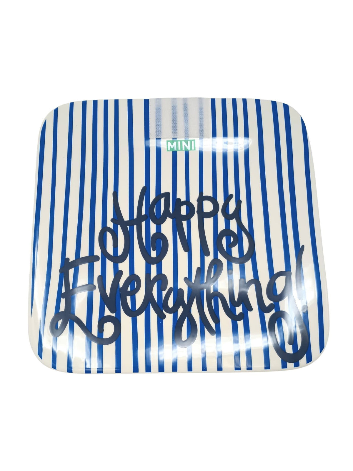 Indigo skinny stripe mini platter with a happy face design on white ceramic.