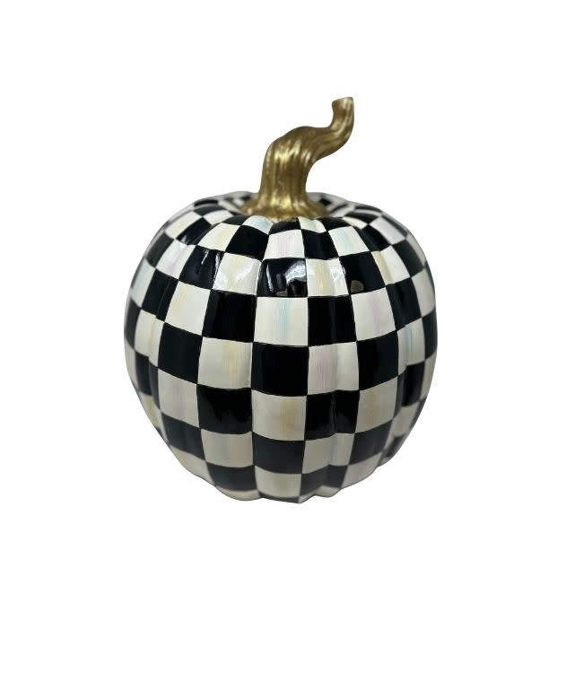 Large polyresin pumpkin with black-and-white checkered pattern and gold accents