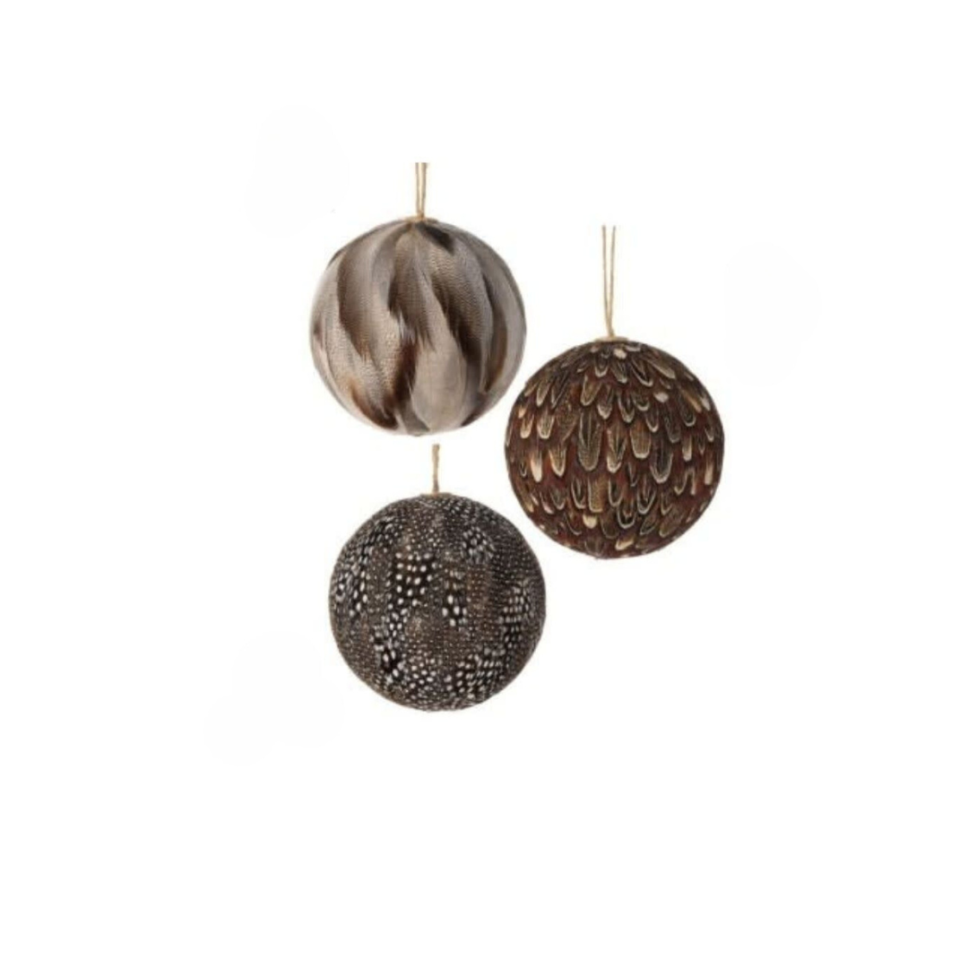 Set of three 4-inch spherical Christmas ornaments covered in various brown and grey patterned feathers.