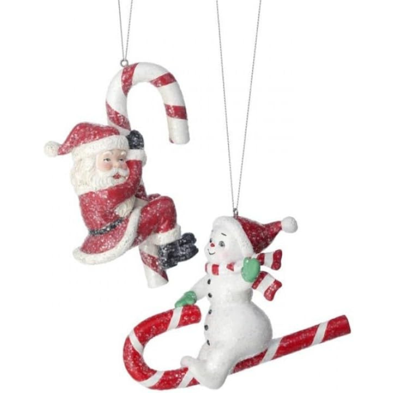 Five-inch candy cane shaped holiday tree ornament with red and white striped pattern.