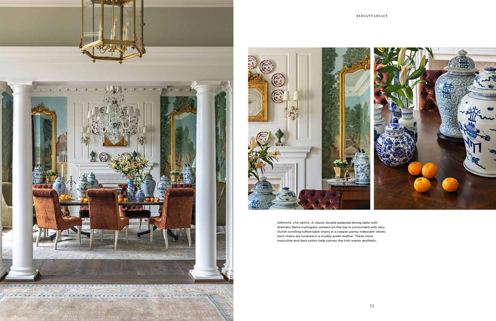 Interior design book spread showing a formal dining room with velvet chairs and blue-white pottery.