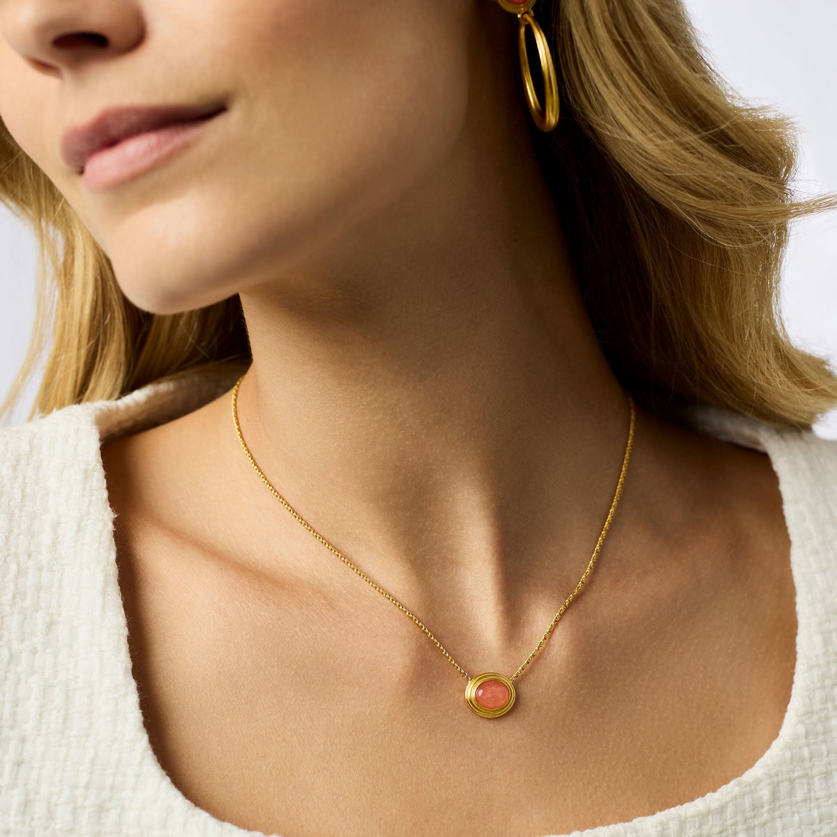 Adjustable Portofino solitaire necklace featuring a jade pendant on 24K gold plate chain with lobster clasp.