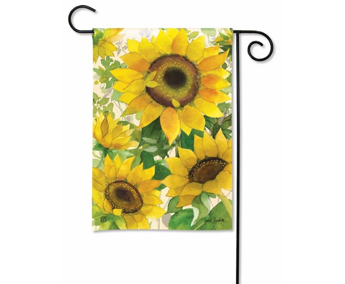 Garden flag with a watercolor painting of sunflowers and green leaves.