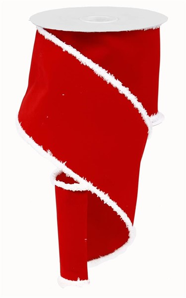 4 inch wide red velvet ribbon with white snowdrift fuzzy edges on a spool.