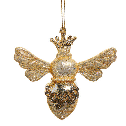 3.75 inch gold glitter crowned bee Christmas ornament with hanging string.