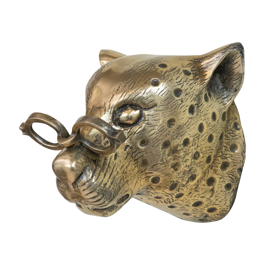 Leopard head wall décor with eyeglasses on a cube base