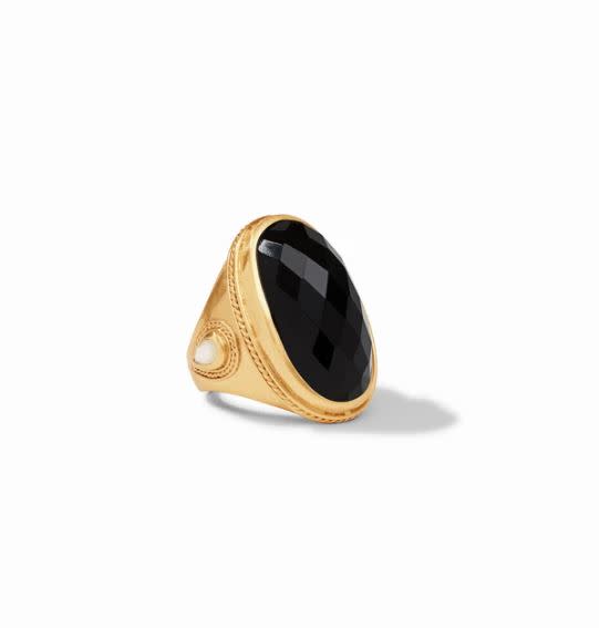Cannes Statement Ring in 24K gold plate with a large faceted black glass stone and pearl detail.