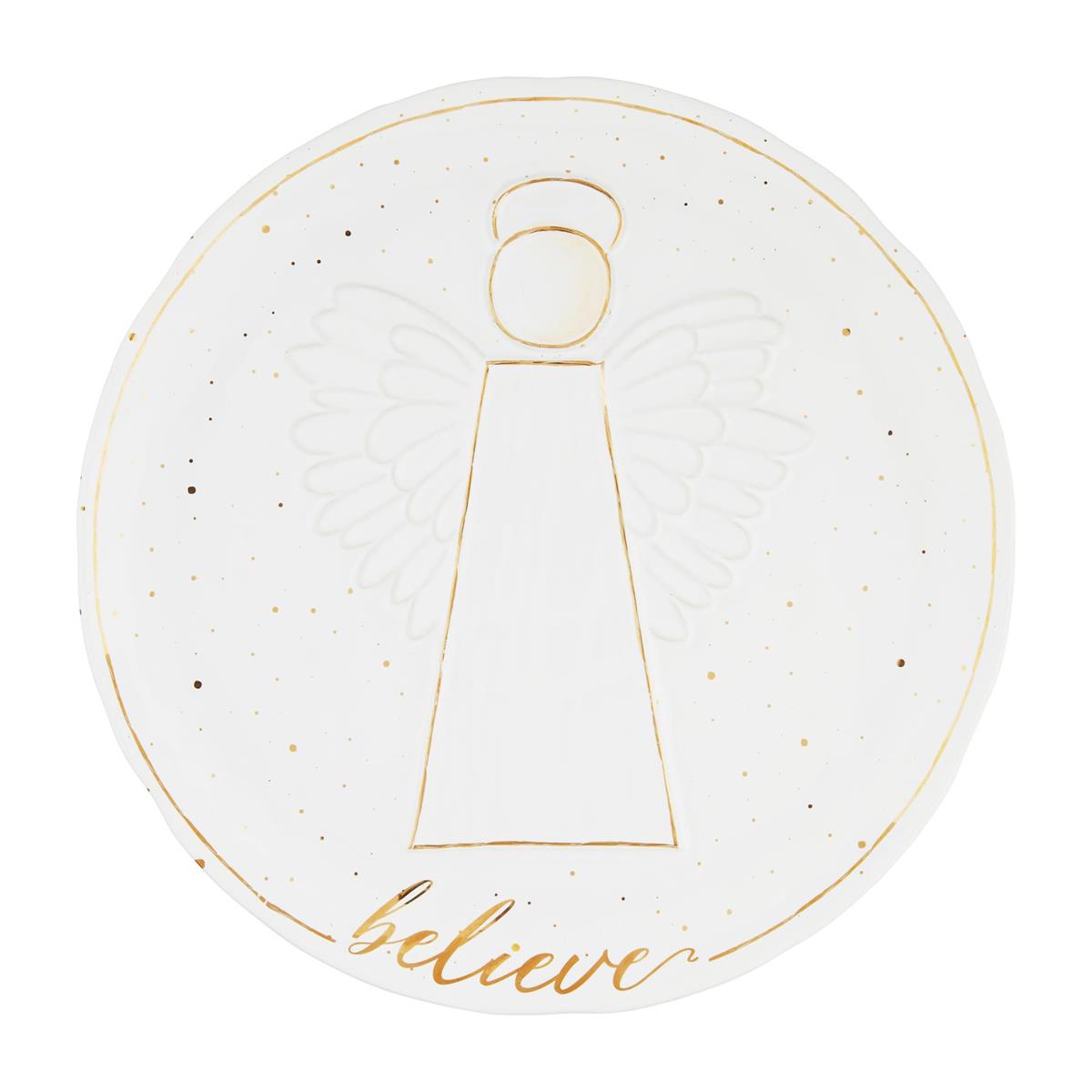 Round gold stoneware platter with angel wing motif