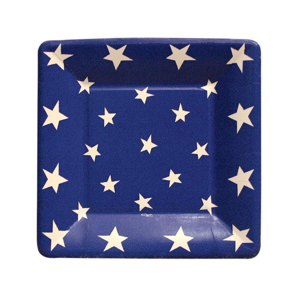 Set of eight white square paper plates with a subtle printed salad pattern.
