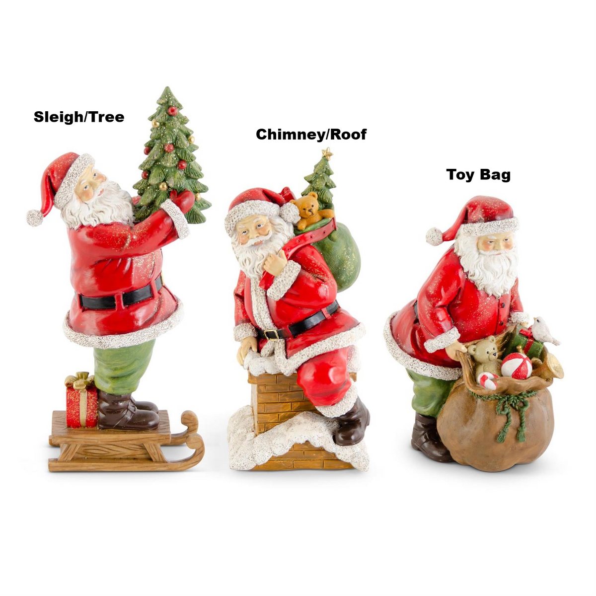 Three traditional glittered resin Santa figurines: on a sleigh, on a chimney, and with a toy bag.