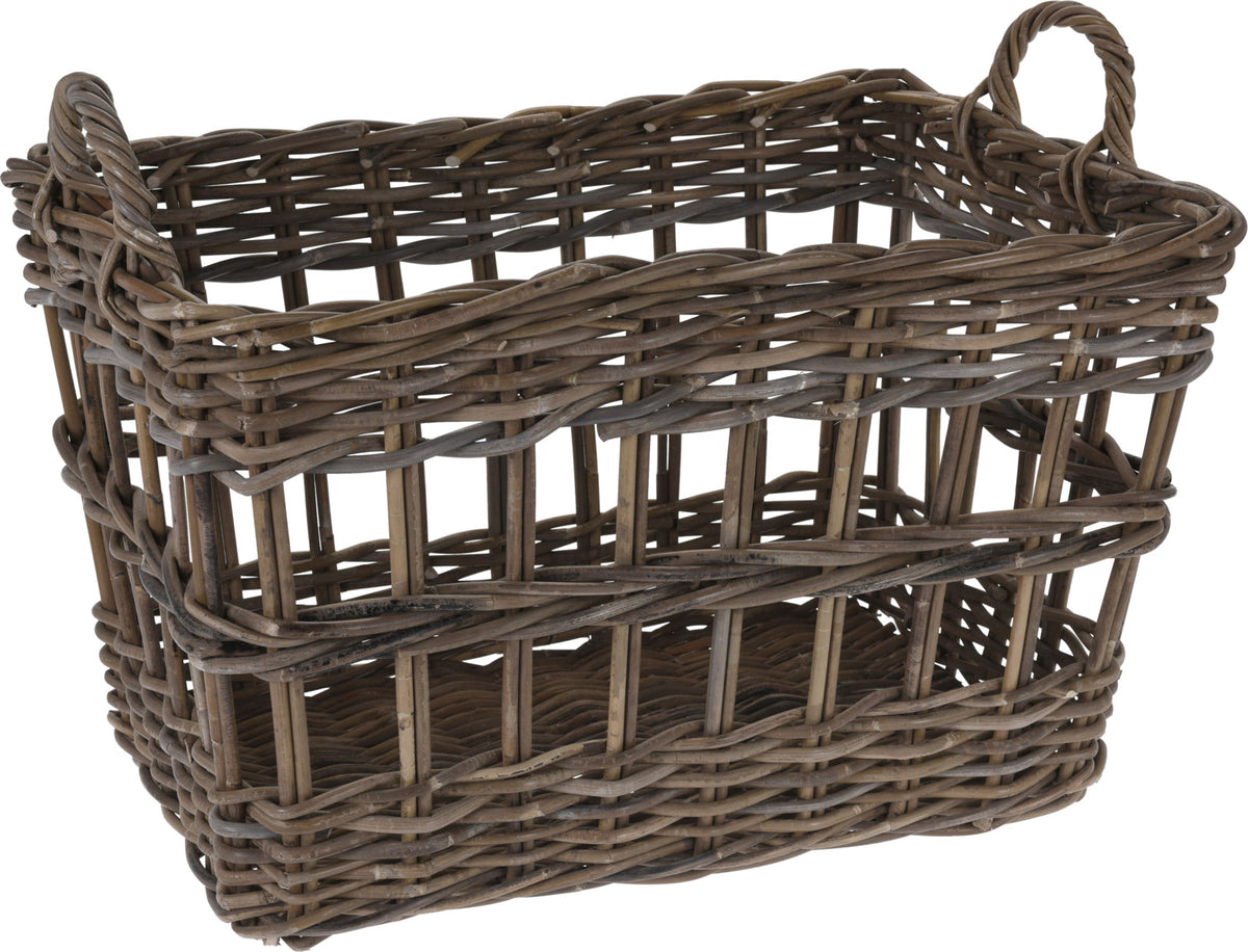 Rectangular woven kubu rattan basket with two integrated side handles and an open weave design.